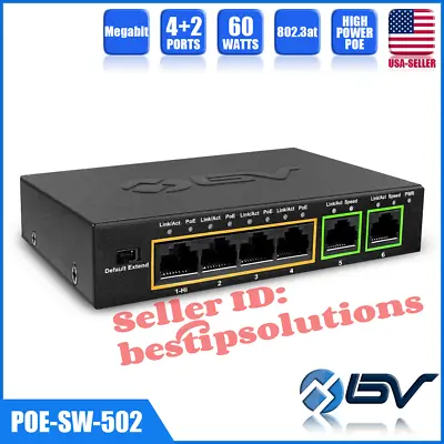 BV-Tech 6 Port POE Switch-4 PoE Port+2 Ethernet Uplink Ext. Function 60W 802.3at • $36.99