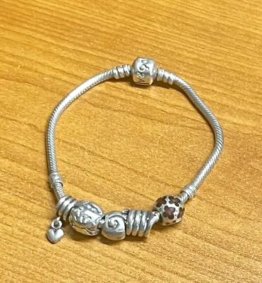 $120 • Buy Preloved Authentic Pandora Sterling Silver Charm Bracelet With 5 Charms 18cms