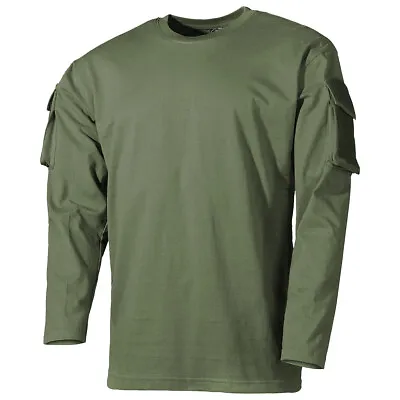 MFH US Long Sleeved T-Shirt With Sleeve Pockets Mens Military Tactical OD Green • £19.95