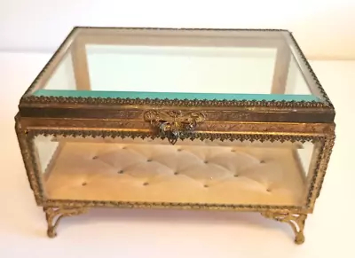 Vintage Filigree Jewelry Casket Trinket Box Beveled Glass Quilted Bottom • $134.99
