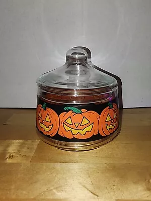 Vintage Indiana Glass Co Jack O Lantern Pumpkin Lidded Clear Glass Jar Dish • $26.99