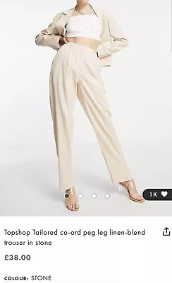 £25 • Buy Topshop Tailored Stone Neutral Linen Blend Trousers Peg Leg Tapered Size 10