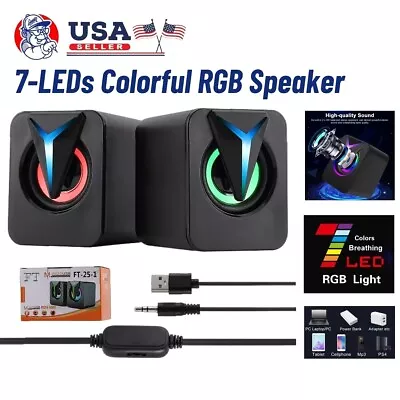 3.5mm Mini RGB LED USB Wired Computer Speakers Stereo Bass For PC Laptop Desktop • $12.33