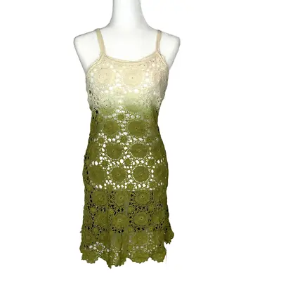 Vintage Women’s Crochet Sheer Dress Green Cream Open Knit Floral Cover Up Small • $34