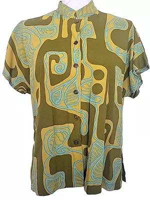 Manuhealii Women’s Hawaiian Blouse Top Shirt M Dolman Sleeve Green Mustard Aqua • $46