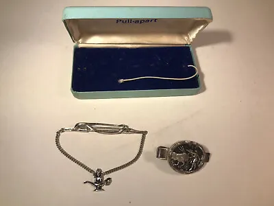 $23.99 • Buy Anson Sterling Silver Dress Tie Bar And Chain Genie Lamp + Bullfighter Clip LOT