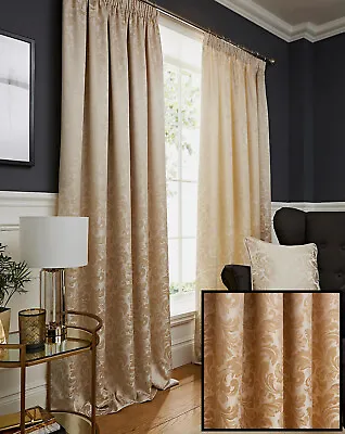 Natural Cream Damask Jacquard Pair Of Tape Top Pencil Pleat Fully Lined Curtains • £79.97