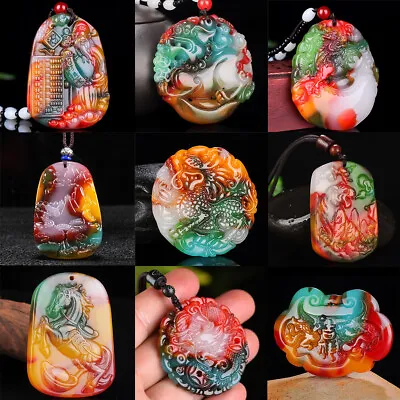 Jade Dragon Pendant Necklace Men Charms Natural Necklace Colorful Jewelry Gift • $5.59