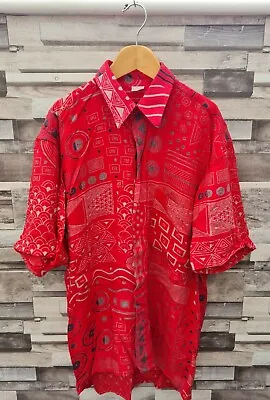 Mens Red Abstract Pattern Boho 90s Bold Bright Summer Viscose Button Up Shirt M • £12.99