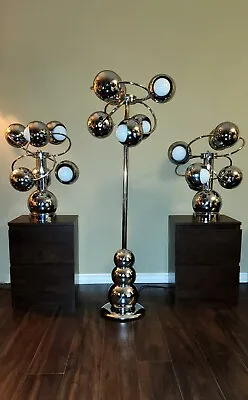 Space Age Mid Century Vtg Atomic Spiral Sputnik Floor Table Lamps 6 Chrome Orbs • $2190.05