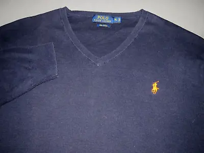 Men's Polo Ralph Lauren Navy Blue 100% Pima Cotton V-Neck Sweater XL • $23.99