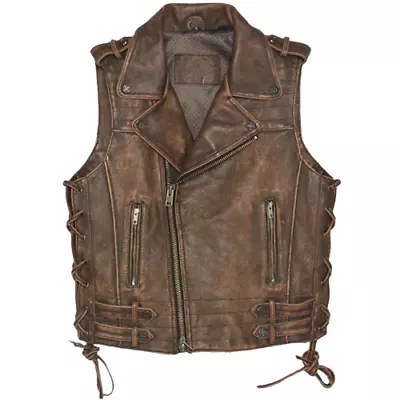 Men Vintage Motorcycle Leather Waistcoat Distressed Brown Biker Leather Vest • $22.74