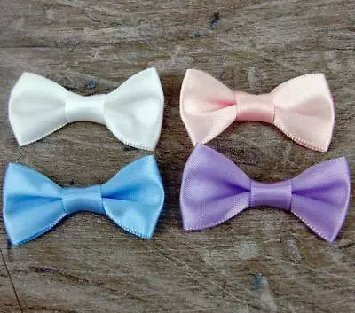 10 XSatin Plain Ribbon Pink Blue White Bows 3.5cm Card Toppers Hair Slides Clips • £1.95