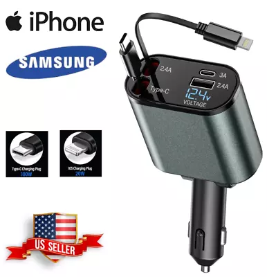 Retractable Car Charger4 In 1 USB C Fast Car Charger For IPhone 15 14 13 12 11 • $17.99