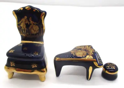 VTG Limoges Courting Couple Piano Stool Chair Cobalt Blue 22K Gold • $44.99