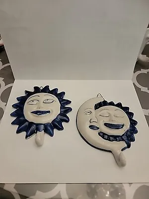  Ceramic Mexican Hand Painted Set Of 2 Sun & Moon Face Wall Decorations • $20