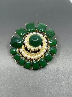 B.S.K. Gold Tone  & Molded Green Glass Faux Pearl Brooch 1950s • $50