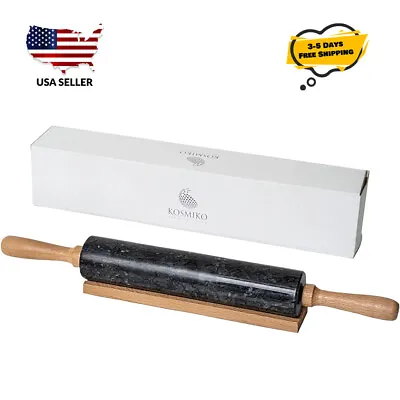 Polished Marble Rolling Pin With Wooden Cradle 10-Inch Barrel Black • $25.99