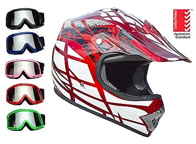 Kids Dirt Bike Helmet RED With Goggles Youth Child Motocross Quad ATV PEEWEE • $889.95