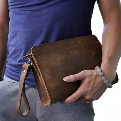 Mens Real Leather Briefcase Wrist Clutch Handbag Sling Messenger Bag Organizer • $49.99