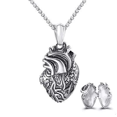 Mens Anatomical Human Heart Storage Locket Stainless Steel Pendant Chain Set • $13.99