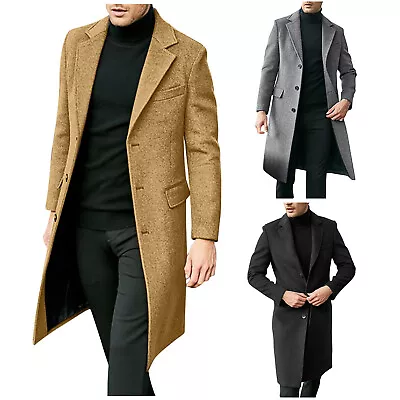 Men's British Style Solid Color Long Coat Fashionable Warm Woolen Overcoat • $44.68