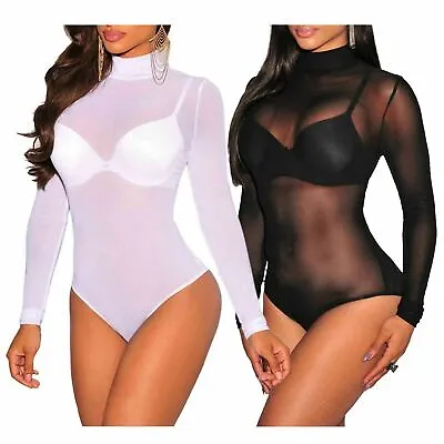 Womens Long Sleeve Full Sheer Mesh Bodysuit Ladies Turtle Polo Neck Leotard Top  • £7.49