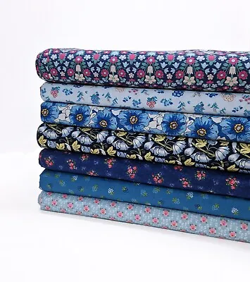 Blue FLORAL Leaves Flowers Blossom Daisy  100% Cotton Patchwork Craft Fabric • £2.70