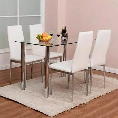 5 Piece Dining Set Glass Table And 4 Chairs For Kitchen Dinette Compact Space • $189.59