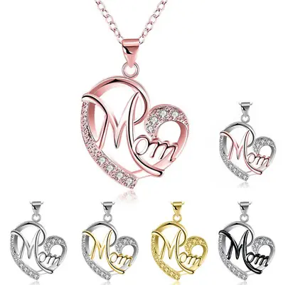 925 Sterling Silver Plated CZ Love Heart MOM Pendant 18  Necklace Mother Gift S2 • $4.95