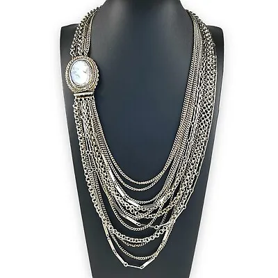 Vintage Silver Tone Multi Strand Mother Of Pearl CAMEO Clasp Statement Necklace • $65.72