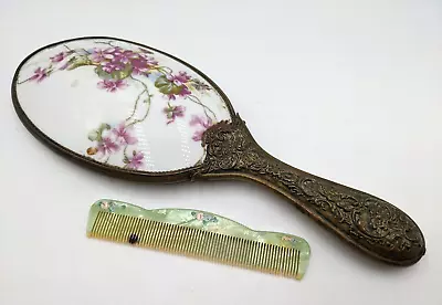 Antique Vanity Hand Mirror Repousse Porcelain Violets Beveled & Celloloid Comb • $52.50