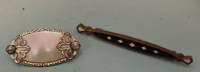 2 Antique Edwardian C Clasp Brooches Enamel Bar Pin & Mother Of Pearl Collar Pin • $2.50