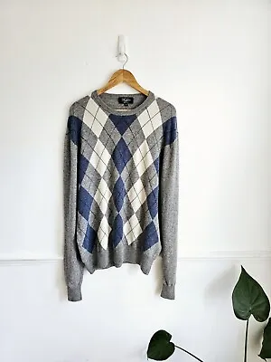Men's Sweater Dunedin 100% Pure Cashmere Jumper Knit Size Xl 14 Grey Blue Cream • £22.90