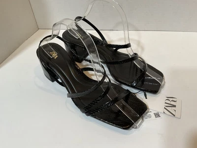 Zara NWT Black Snake Skin Strappy  Sandals Bock Heel Sz 2329/910 8/39 • $45