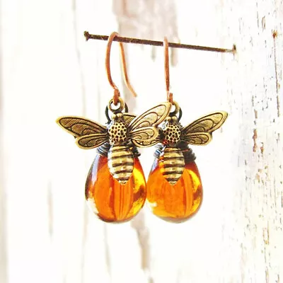 Vintage Crystal Bee Drop Earrings Dangle Gift For Her Bee Animal Women Jewellery • $2.19