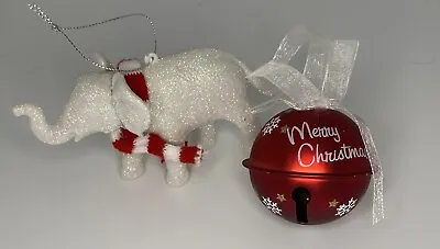 Lot Of 2 Christmas Ornaments Glitter Elephant And Red Metal Bell • $14.10