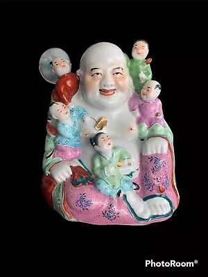 Vintage Ceramic /porcelain Laughing Buddha With 5 Children 10 Inch Statue. • £263.19