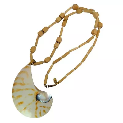 Miriam Haskell Shell Wood Necklace Chambered Nautilus Pendant VTG Signed 28  • $149