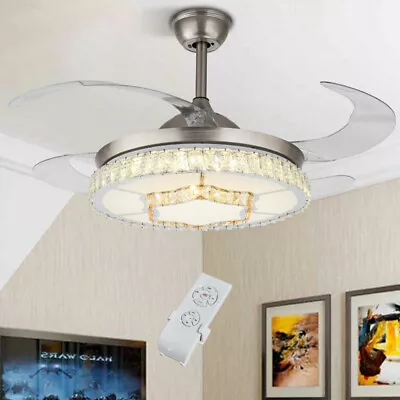 Crystal  42'' Retractable Ceiling Fan Light LED Chandelier Lamp + Remote Control • $95