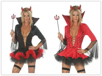 Ladies Halloween Red Black Devil Vampire Fancy Dress Costume + Horn + Fork • £13.99