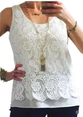 Cabi Bobbin Lace Crocheted Sleeveless Layered Tank Floral White Boho Womans Larg • $24.99