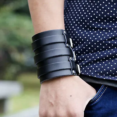 1pc Black Punk Rock Wide Leather Belt Buckle Men Bangle Cuff Bracelet Wristband • $11.49