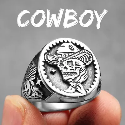 Cowboy Skull Rattlesnake Men Rings Stainless Steel Women Jewelry Vintage Silver • $10.99