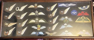 Embroidered Cloth RAF Military Rank Patches Badges In Wooden Display Cabinet • £200