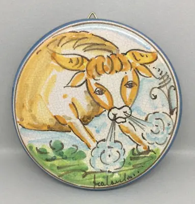 FRATANTONI For VIETRI Italy Round Art Tile Wall Hanging Zodiac ~ Taurus The Bull • $28