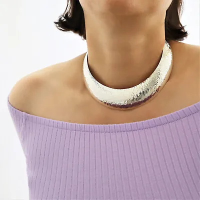 Fitted Solid Hallmarked 925 Sterling Silver Hammered Wide Choker Torc Jewellery • £249.99