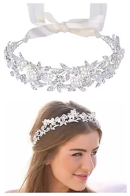 £29.99 • Buy Bridal Wedding Tiara, Crystal Ivory Pearls, Ribbon With Tiara Box