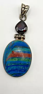 VTG Rainbow Calsilica & 1ct Heart Shaped Garnet In Sterling Silver Pendant JCS • $42.99