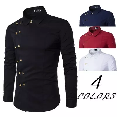 Mens Double Breasted Shirt Tops Long Sleeve Slim Fit Plain Western Blouses • $24.77